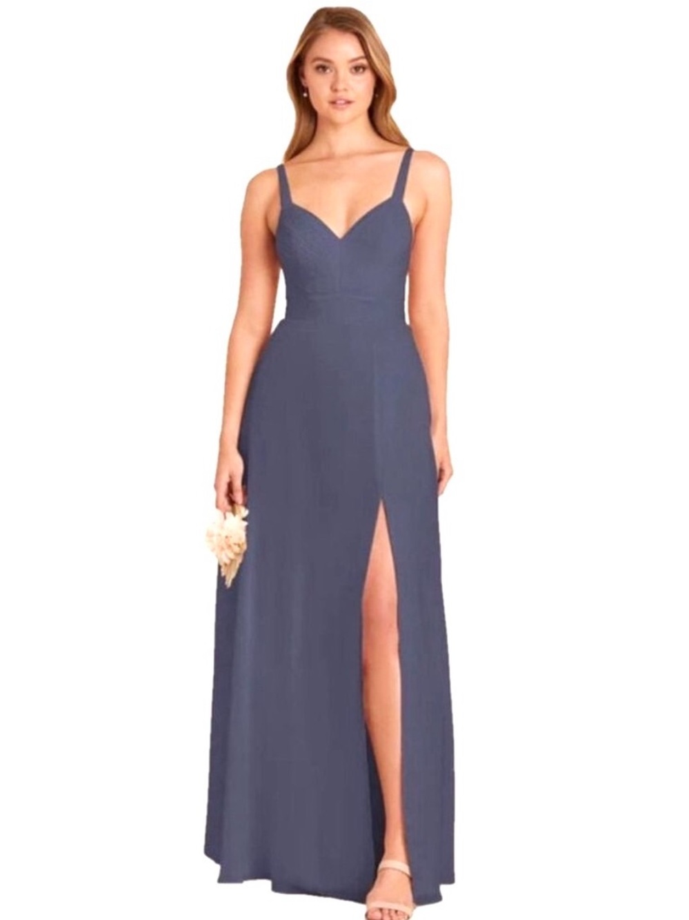 Birdy Grey Slate Blue Maxi Dress Flowy Chiffon Slit Adjustable Cap Sleeve Size S